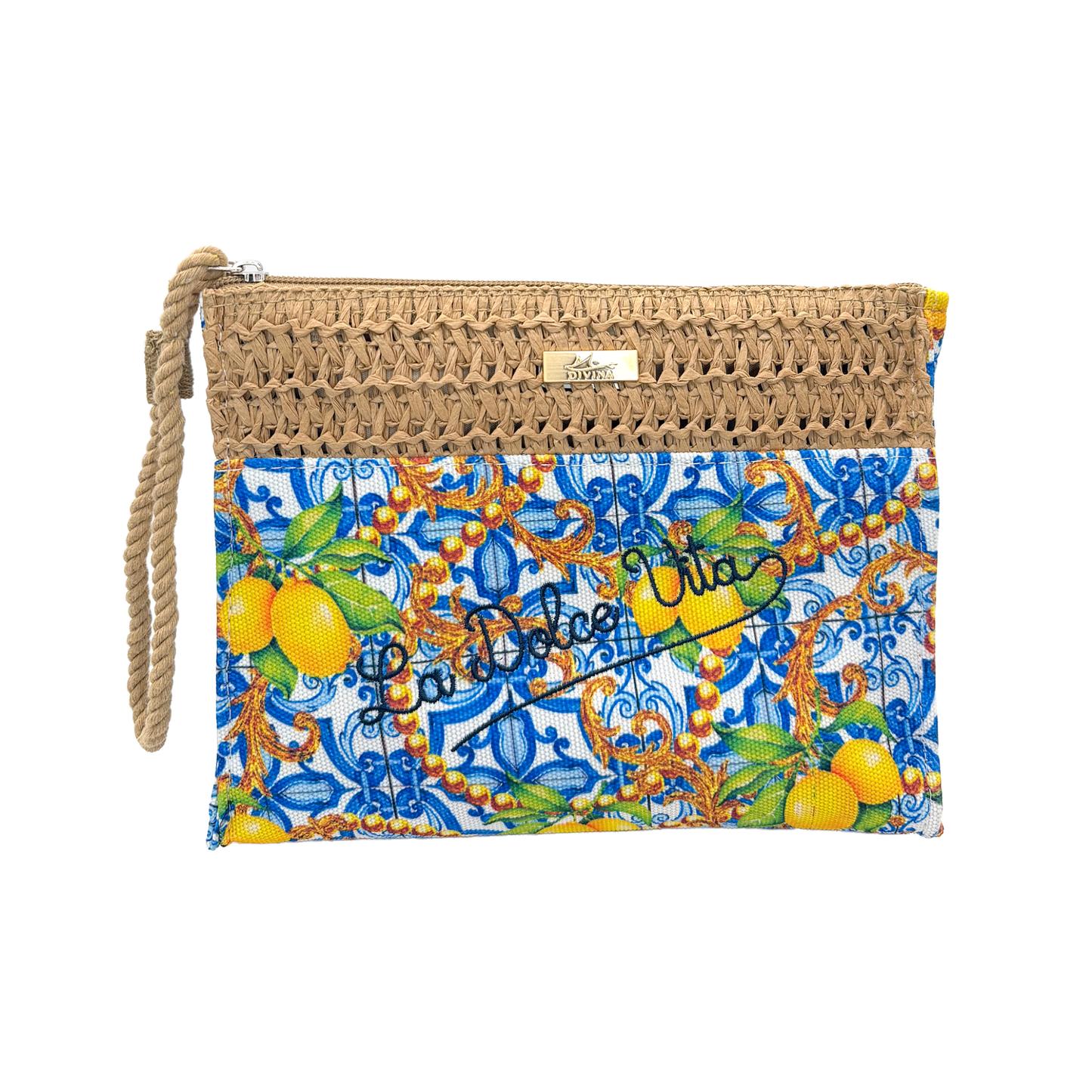 Pochette bicolor La Dolce Vita in paglia e tessuto - 22x16x5 cm - BAG266