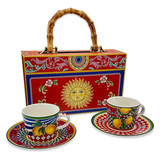Box Ceramica luxury Espresso Amalfi Red - 2 coffee cups with saucer