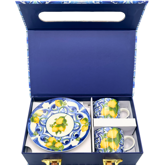 Box Ceramica luxury Espresso Amalfi Blu - 2 coffee cups with saucer