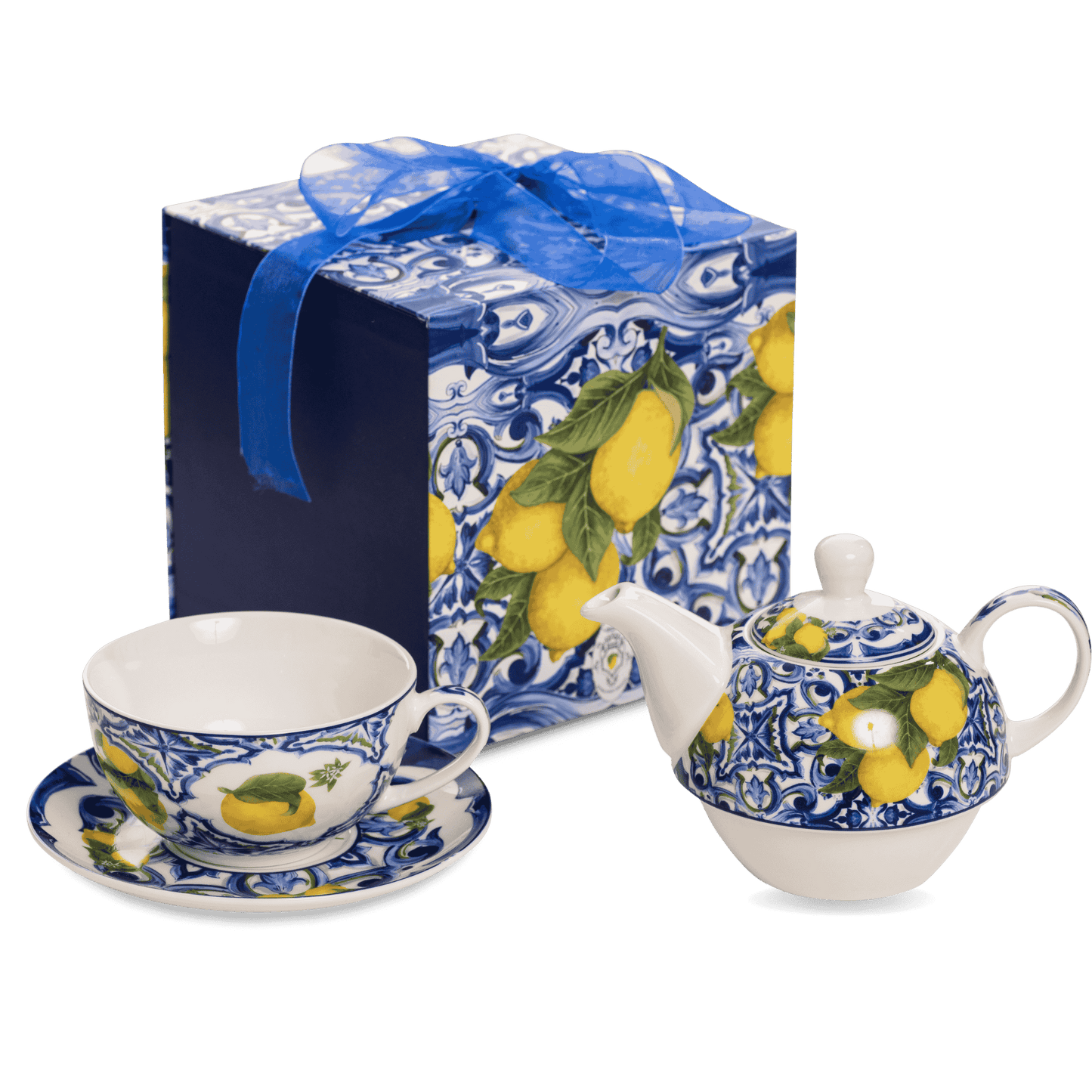 Luxury Ceramic Box Blue Tea - Teapot + Cup with Saucer