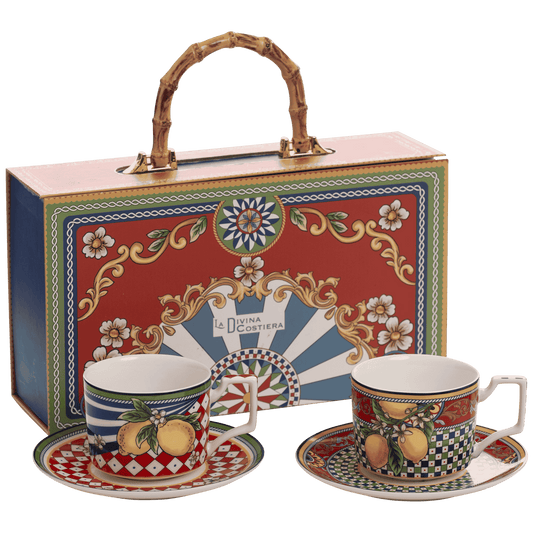 Box Ceramica luxury Red Morning - Set of 2 cups + saucers for cappuccino 220 ml