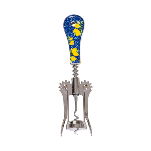 Cavatappi a Leva in Acciaio con Manico in Ceramica – Decoro Limoni Blu (con Scatola Regalo) - SF206