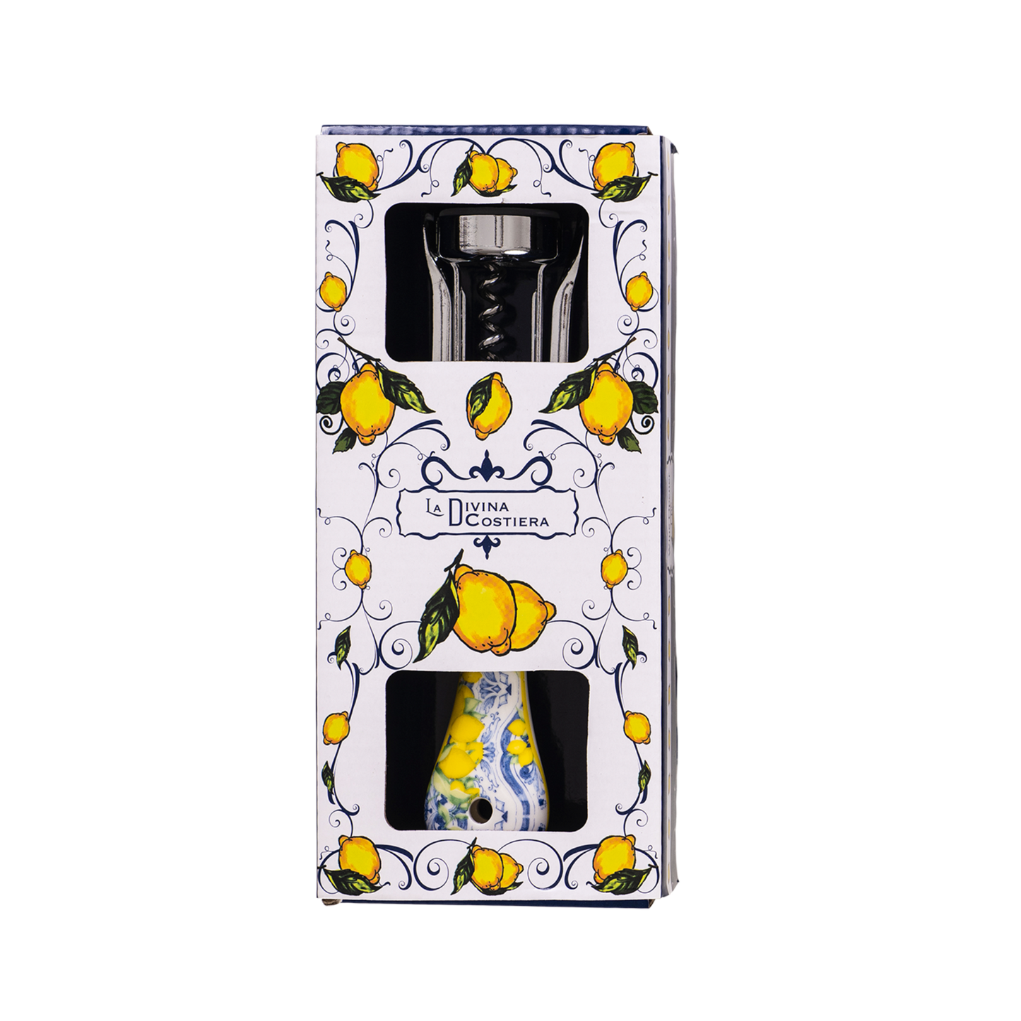 Cavatappi a Leva in Acciaio con Manico in Ceramica – Decoro Limoni Blu (con Scatola Regalo) - SF206