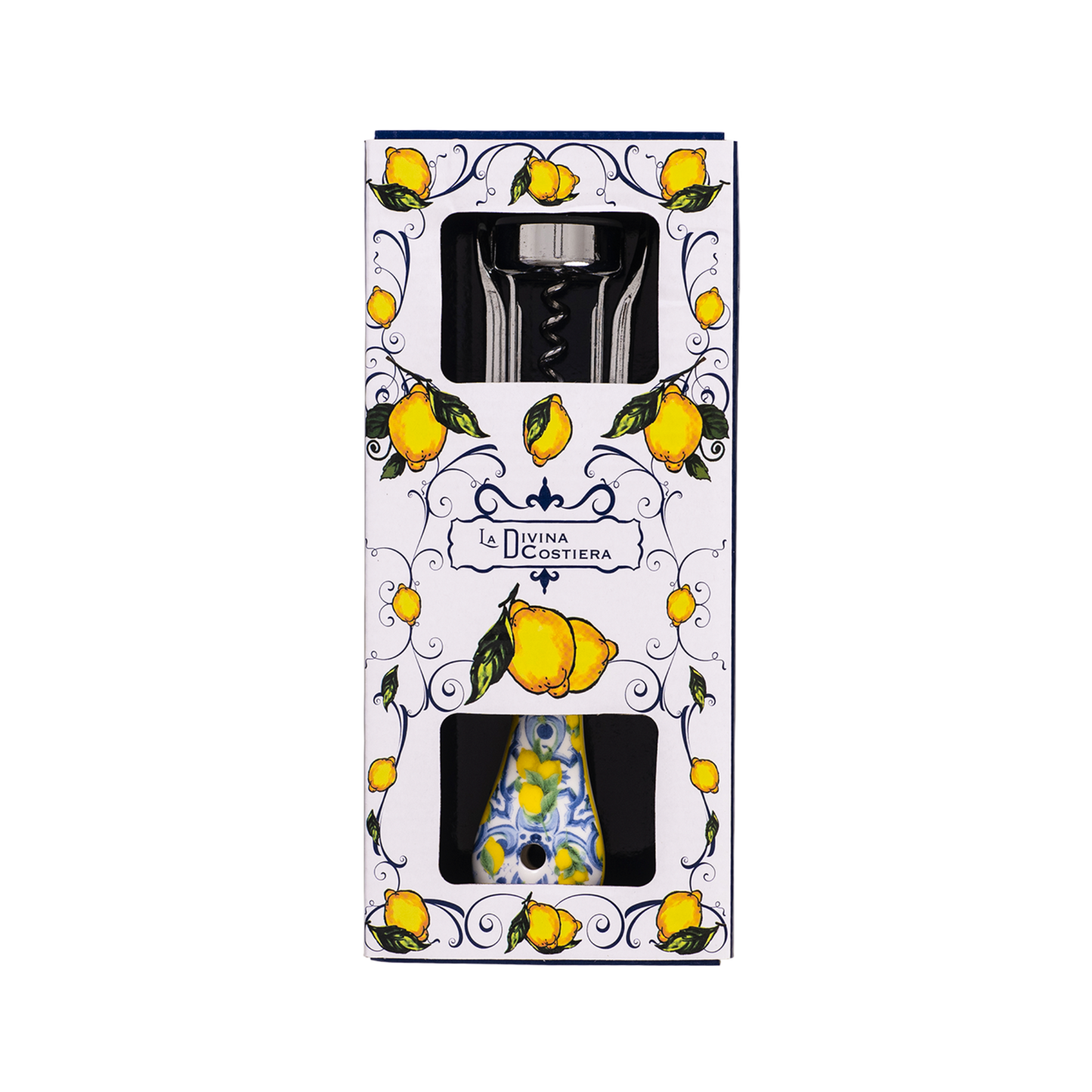 Cavatappi a Leva in Acciaio con Manico in Ceramica – Decoro Limoni Blu (con Scatola Regalo) - SF206