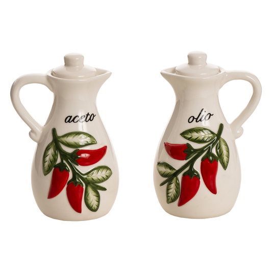 Set Oliera e Acetiera 2 Pezzi in Ceramica – Decoro Peperoncini (Olio + Aceto) - SF219