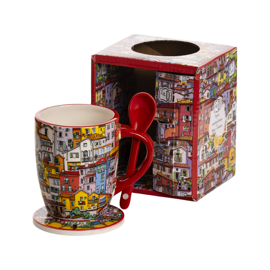 Tazza in Ceramica Tiny Houses con Sottobicchiere e Cucchiaio - Decorazione Casette Colorate - SF220