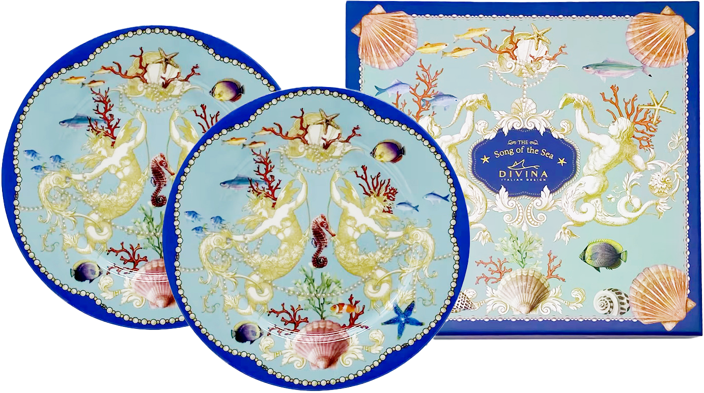 Set 2 Piatti in Ceramica, Tema Marino, Decorazioni Artistiche, Diametro 19 cm, Confezione Luxury - SF229
