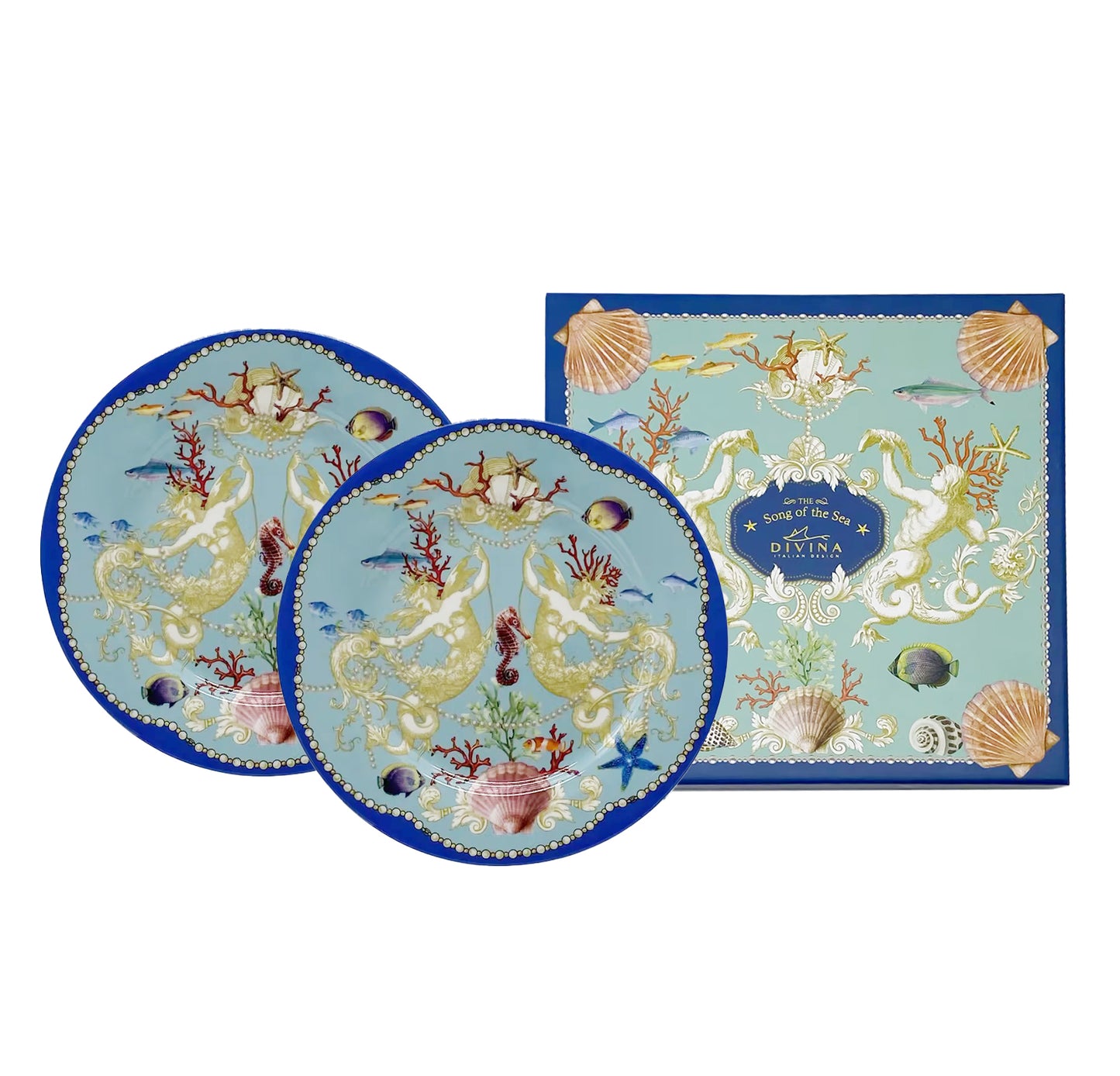 Set 2 Piatti in Ceramica, Tema Marino, Decorazioni Artistiche, Diametro 19 cm, Confezione Luxury - SF229