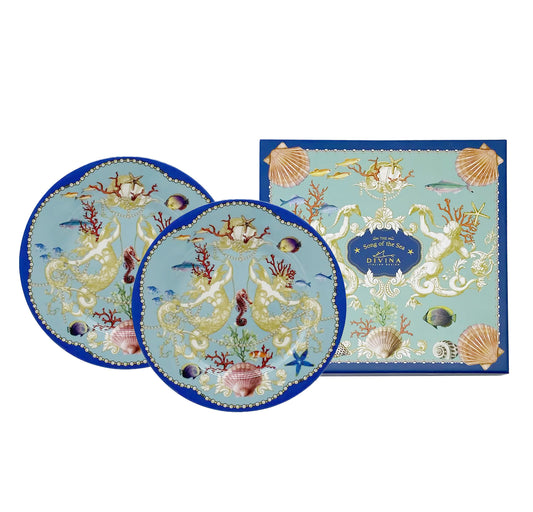 Set 2 Piatti in Ceramica, Tema Marino, Decorazioni Artistiche, Diametro 19 cm, Confezione Luxury - SF229