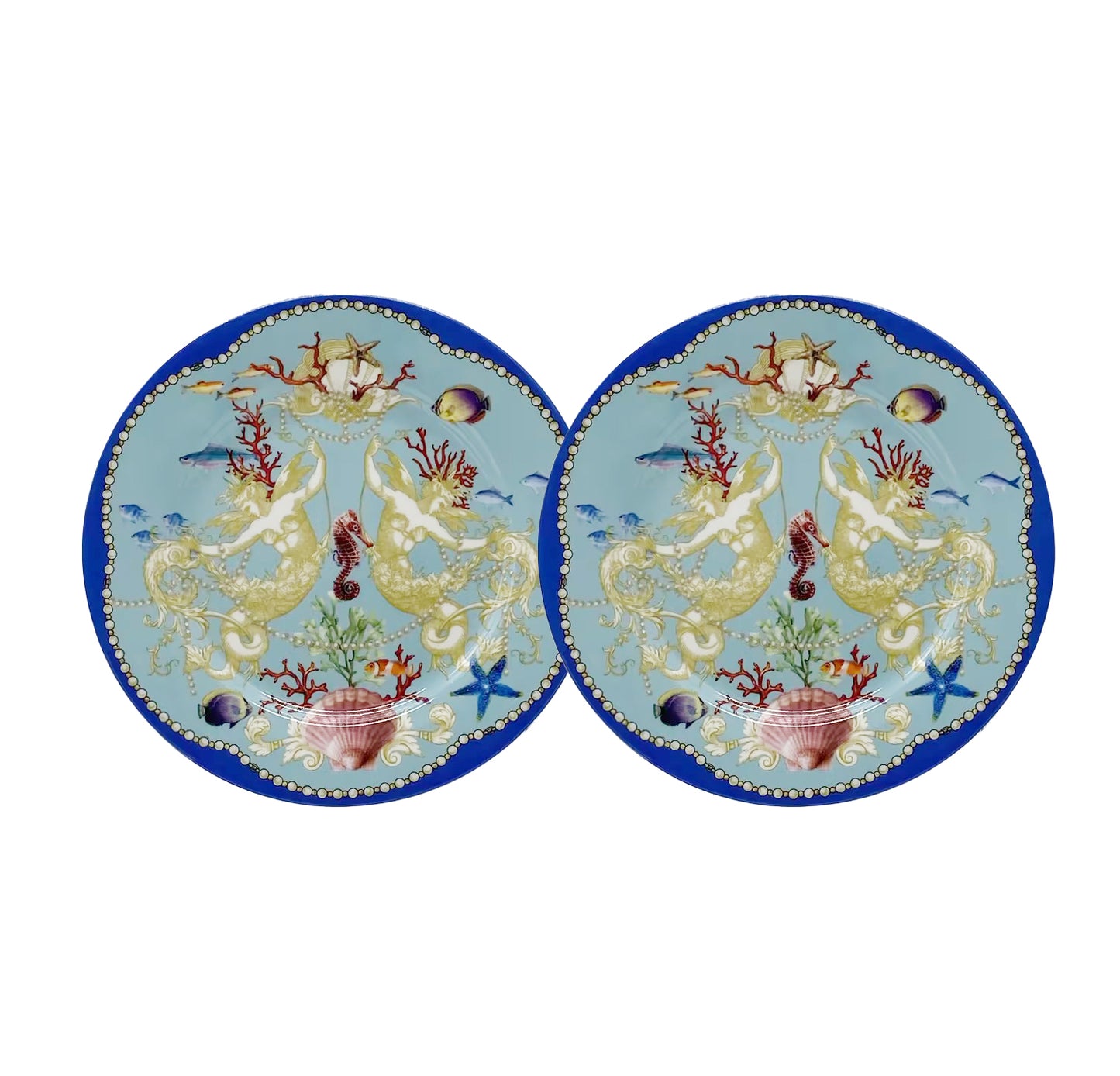 Set 2 Piatti in Ceramica, Tema Marino, Decorazioni Artistiche, Diametro 19 cm, Confezione Luxury - SF229