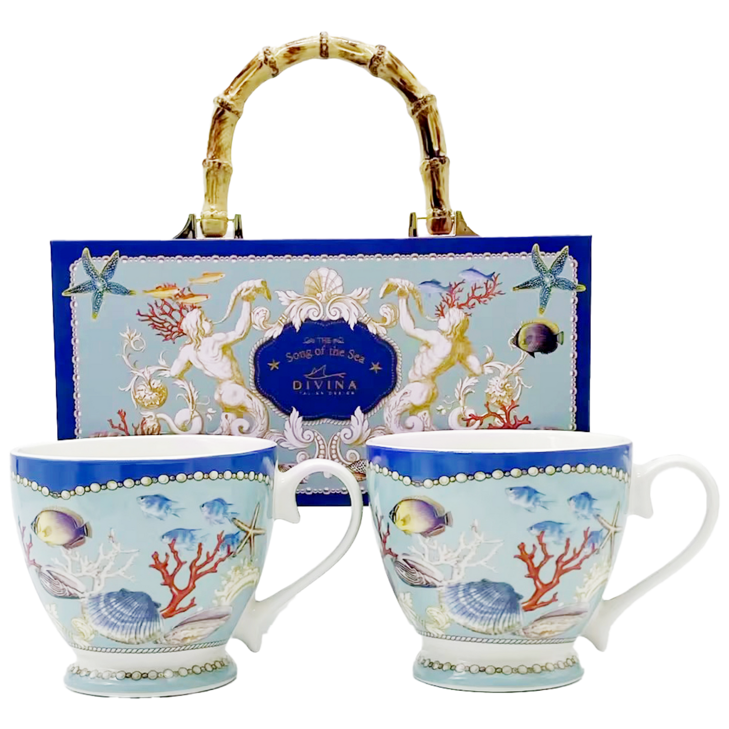 Tazze per cappuccino a Campana box da 2 pezzi, 460 ml, Tema Marino, Confezione Luxury con Manico Effetto Bambù - SF232