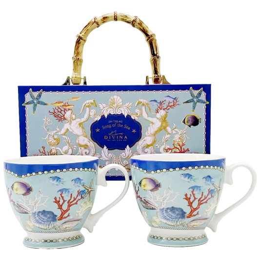 Tazze per cappuccino a Campana box da 2 pezzi, 460 ml, Tema Marino, Confezione Luxury con Manico Effetto Bambù - SF232