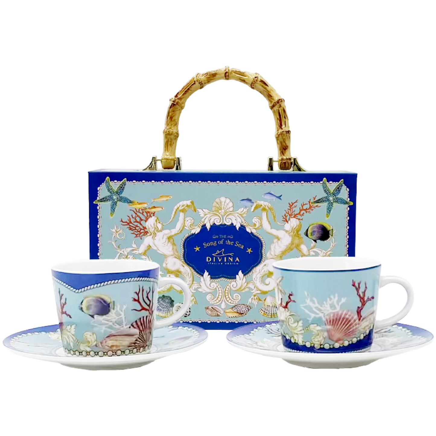 Tazzine da Caffè con Piattino, Set da 2 pezzi, Design Marino, Confezione Regalo con Manico Effetto Bamboo - SF233