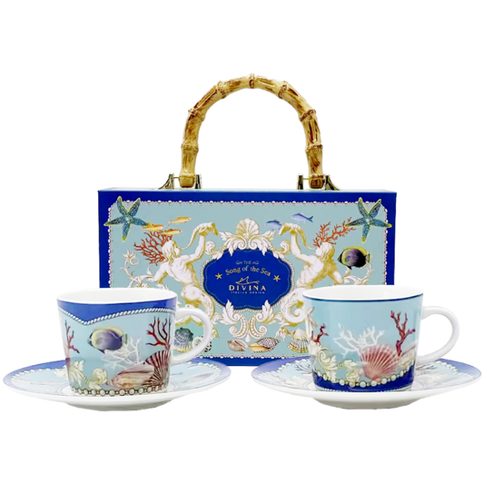 Tazzine da Caffè con Piattino, Set da 2 pezzi, Design Marino, Confezione Regalo con Manico Effetto Bamboo - SF233
