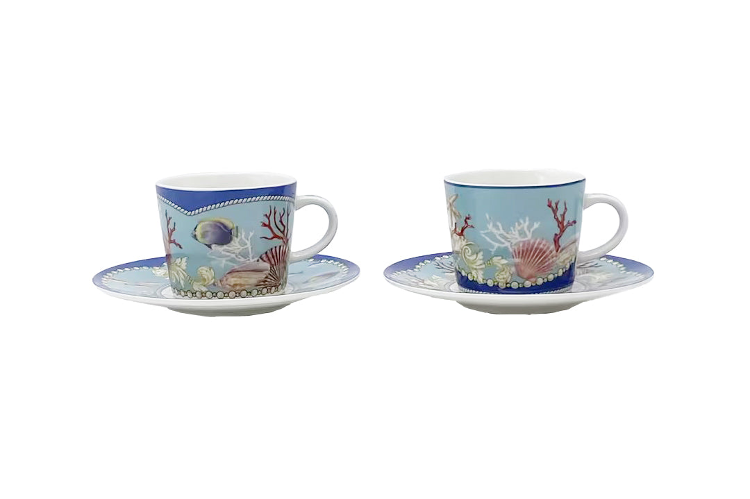 Tazzine da Caffè con Piattino, Set da 2 pezzi, Design Marino, Confezione Regalo con Manico Effetto Bamboo - SF233