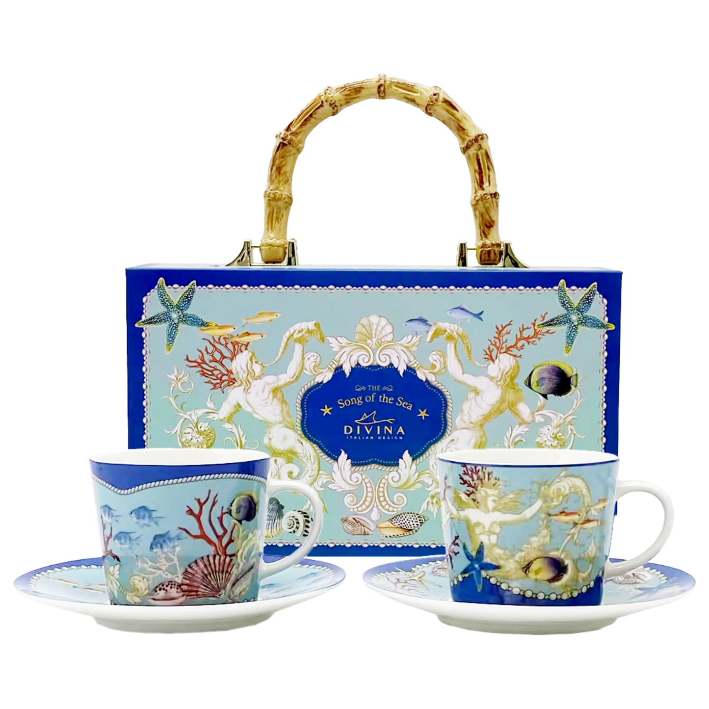 Set 2 Tazze da Cappuccino con Piattino, Tema Marino, 220 ml, Confezione Regalo Luxury - SF234