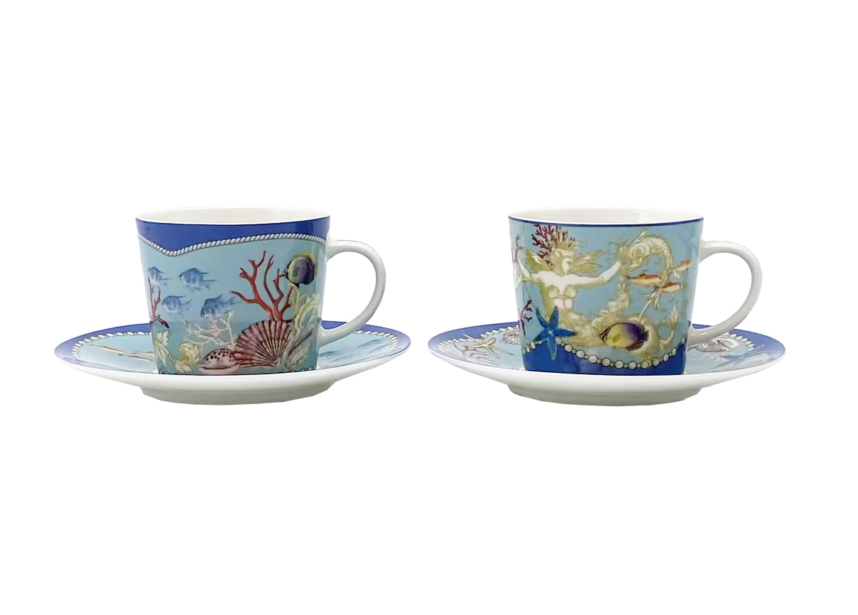Set 2 Tazze da Cappuccino con Piattino, Tema Marino, 220 ml, Confezione Regalo Luxury - SF234