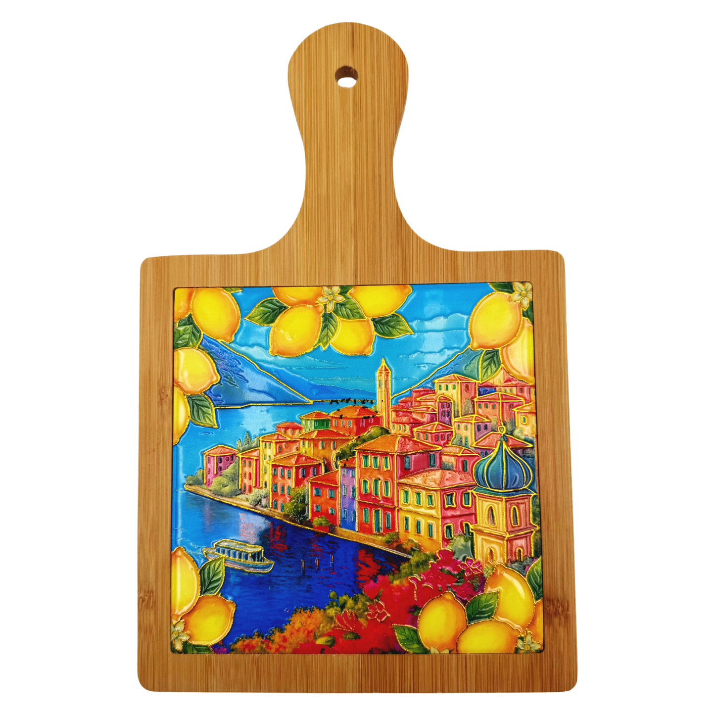 Sottopentola decorativo in ceramica e bambù con paesaggio Lago di Garda - 19x27 cm - SF279