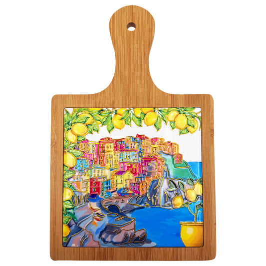 Sottopentola decorativo in ceramica e bambù con paesaggio Cinque Terre - 19x27 cm - SF280