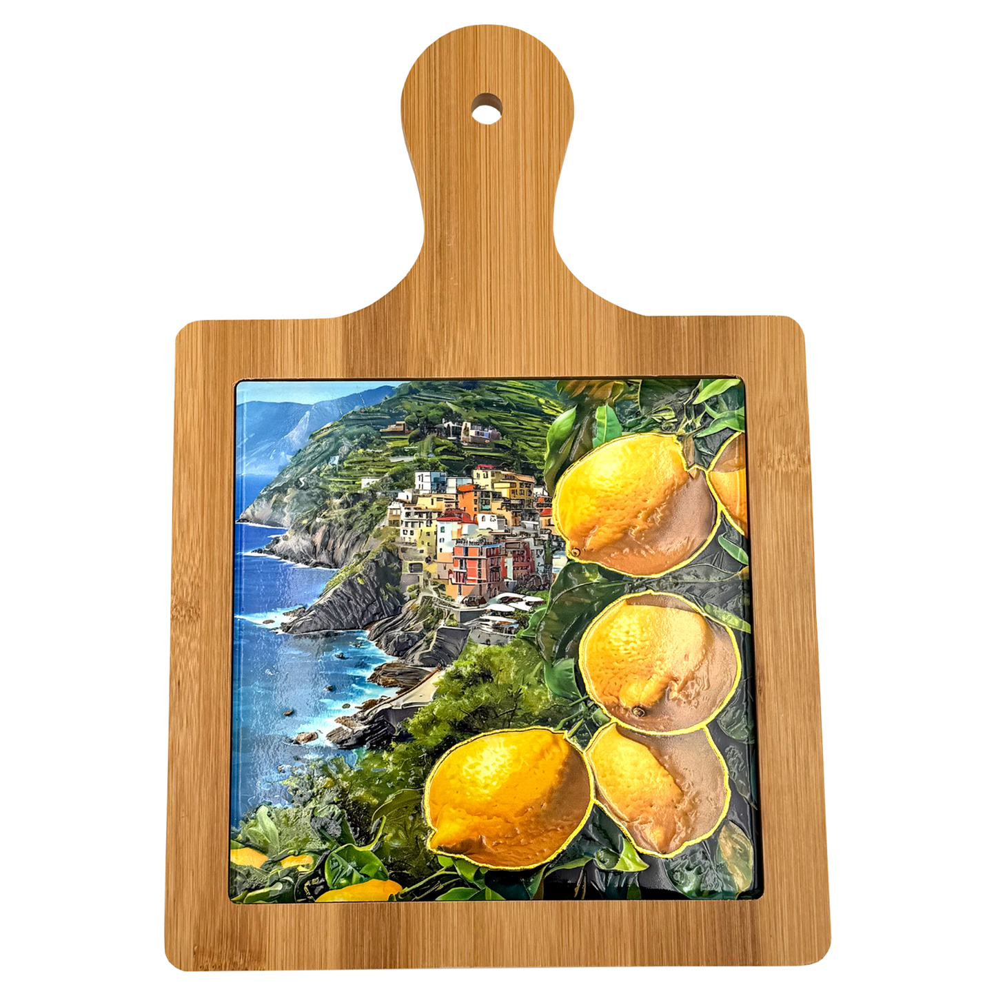 Sottopentola decorativo in ceramica e bambù con paesaggio mediterraneo - 19x27 cm - SF354