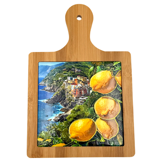 Sottopentola decorativo in ceramica e bambù con paesaggio mediterraneo - 19x27 cm - SF354