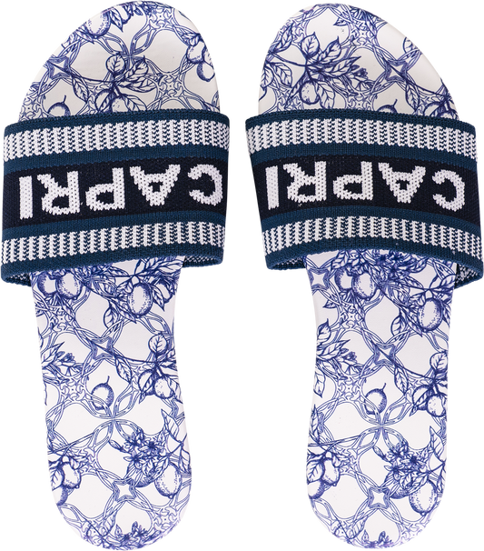Ciabatte a Fascia Donna – CAPRI, Stampa Limoni, Look Mediterraneo - Blu Navy