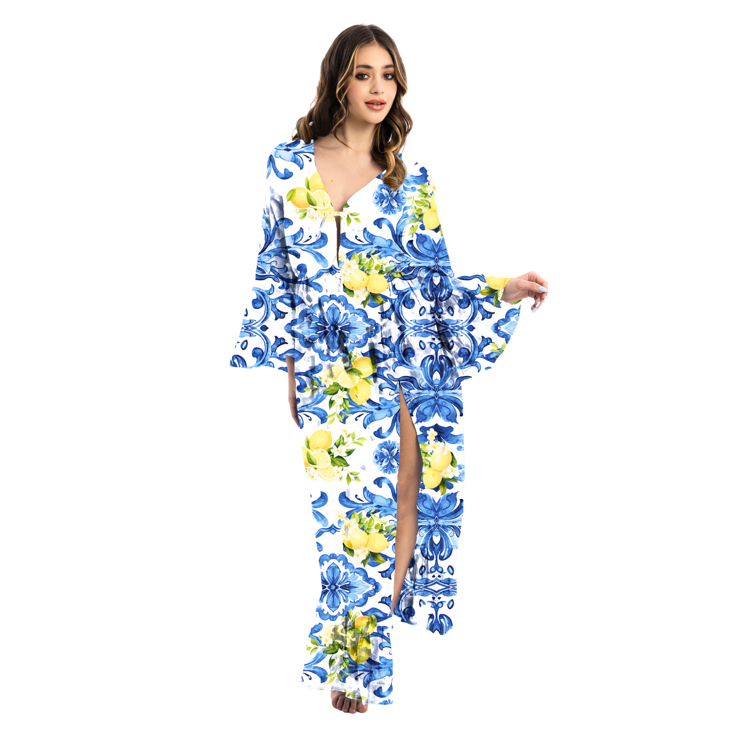 Vestito Donna Long Gown con Spacco Frontale, scollo a v estivo 100% cotone - VEST 165 - LG02