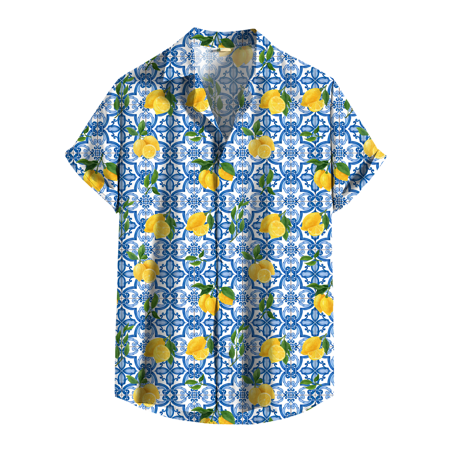 Camicia Uomo Estiva Maniche Corte con Stampa Originale – Look Casual Elegante – Vestibilità Regolare – Perfetta per Vacanze, Mare, Tempo Libero - VEST 168 - LEMON BLUE