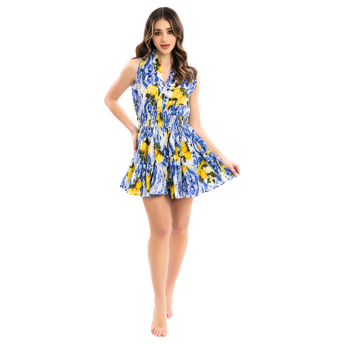 Vestito Donna con Arricciatura in vita, estivo con scollo a v 100% cotone - VEST 173 - AV01