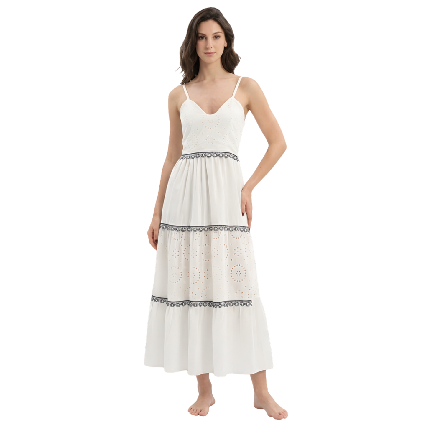Abito lungo donna in Pizzo Sangallo con balze e spalline sottili - VEST198