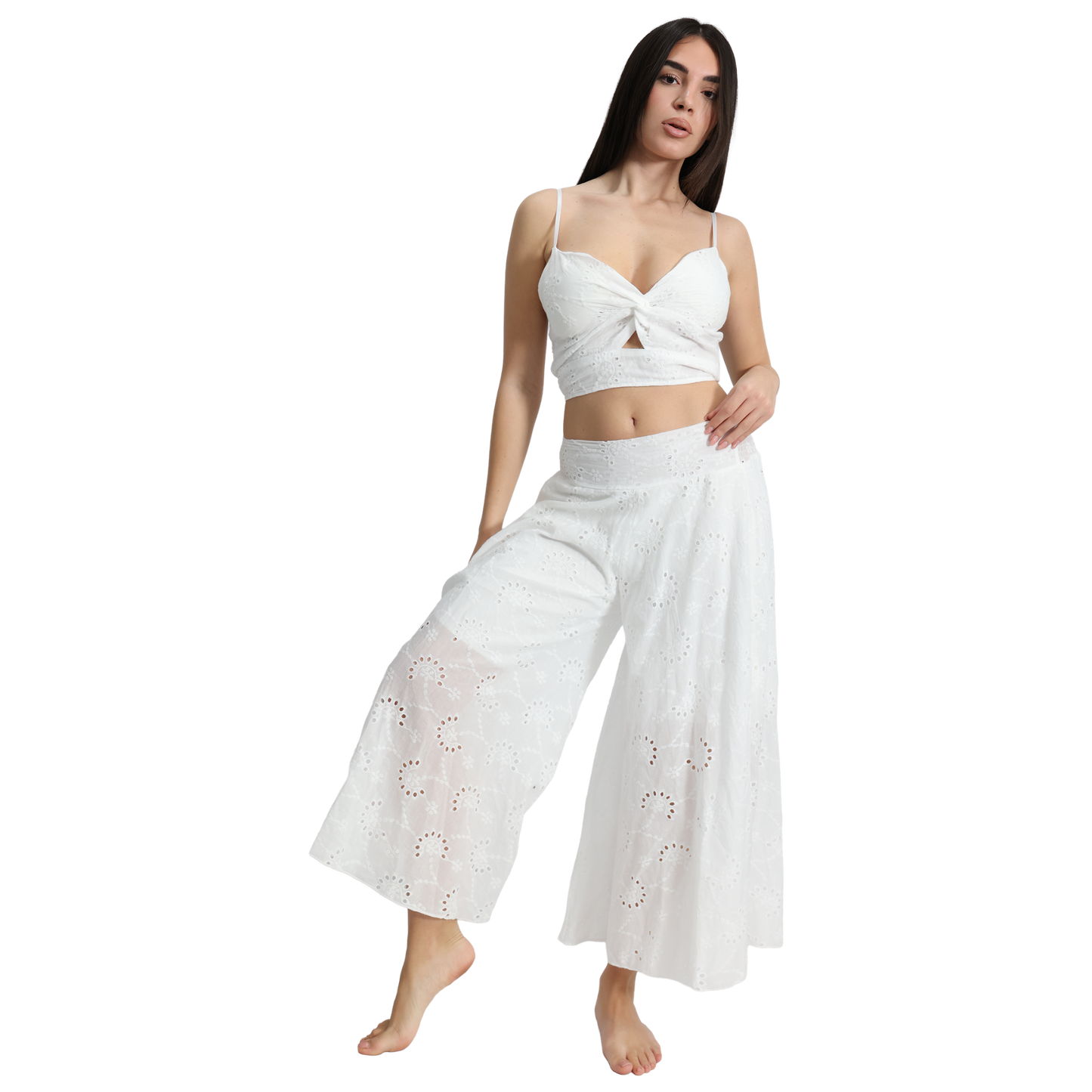 Outfit donna  in Pizzo Sangallo top con nodo e pantalone largo - Pantalone VEST 201 + Top VEST200