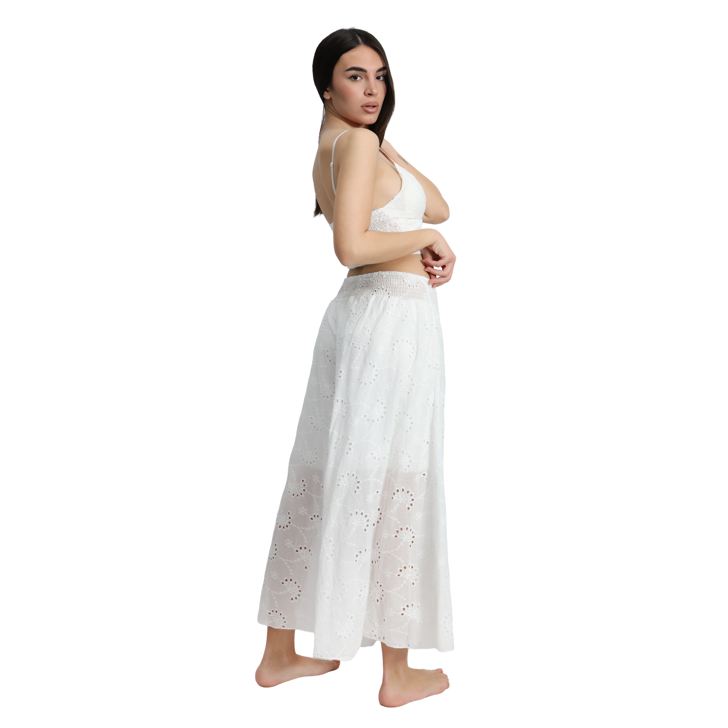 Outfit donna  in Pizzo Sangallo top con nodo e pantalone largo - Pantalone VEST 201 + Top VEST200
