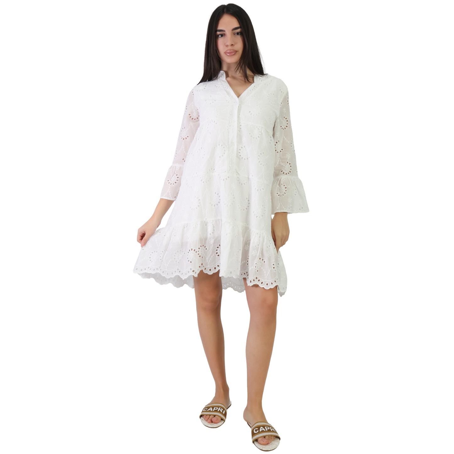 Camicione donna in Pizzo Sangallo con maniche a campana e balze - VEST202