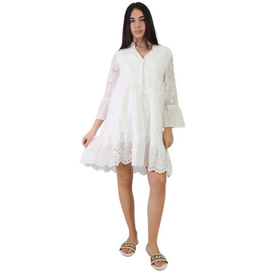 Camicione donna in Pizzo Sangallo con maniche a campana e balze - VEST202