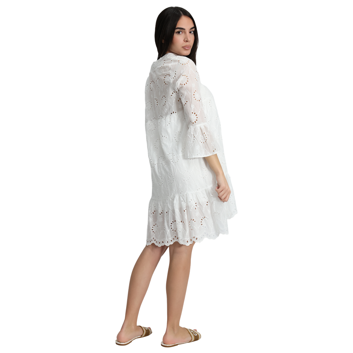 Camicione donna in Pizzo Sangallo con maniche a campana e balze - VEST202