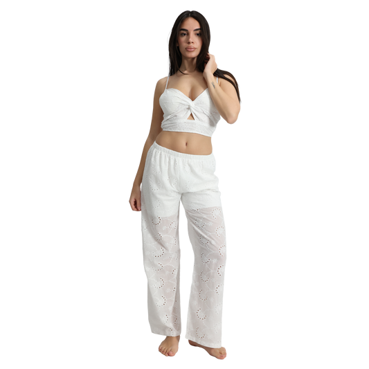 Outfit donna in Pizzo Sangallo top con nodo e pantalone - Pantalone VEST209 + Top VEST200