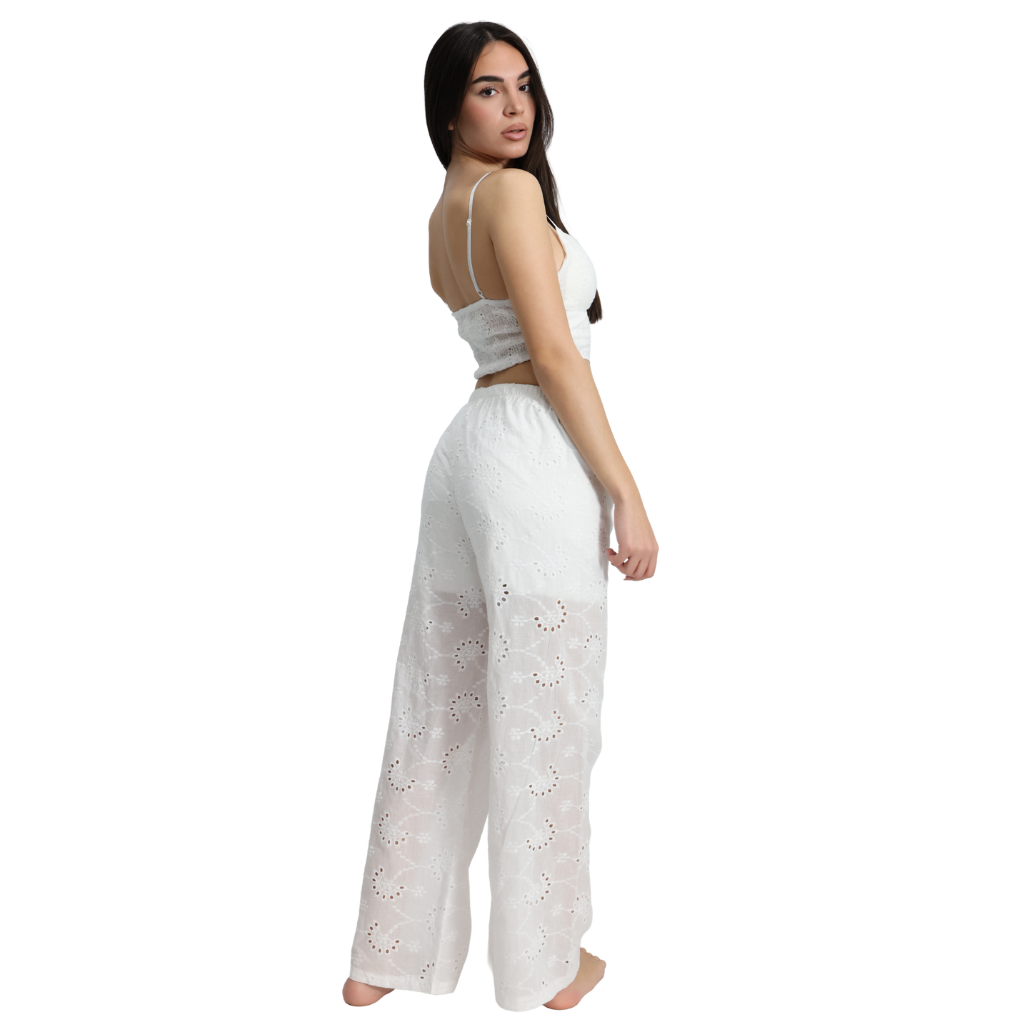 Outfit donna in Pizzo Sangallo top con nodo e pantalone - Pantalone VEST209 + Top VEST200