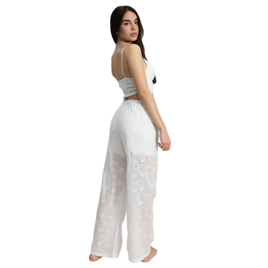 Outfit donna in Pizzo Sangallo top con nodo e pantalone - Pantalone VEST209 + Top VEST200