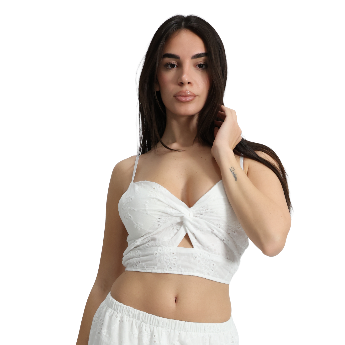 Outfit donna in Pizzo Sangallo top con nodo e pantalone - Pantalone VEST209 + Top VEST200
