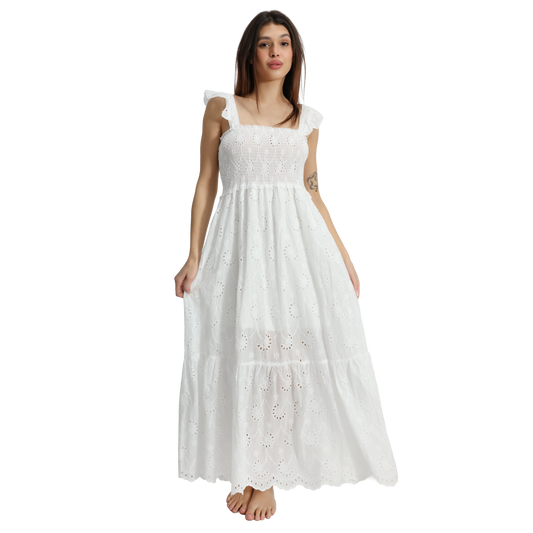 Vestito lungo donna in Pizzo Sangallo con corpetto elasticizzato e spalline con ruches - VEST210