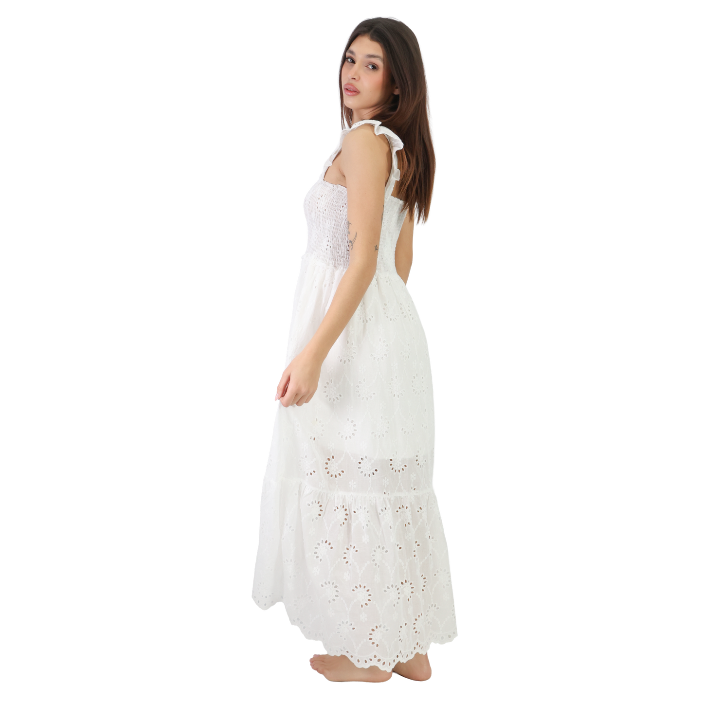 Vestito lungo donna in Pizzo Sangallo con corpetto elasticizzato e spalline con ruches - VEST210