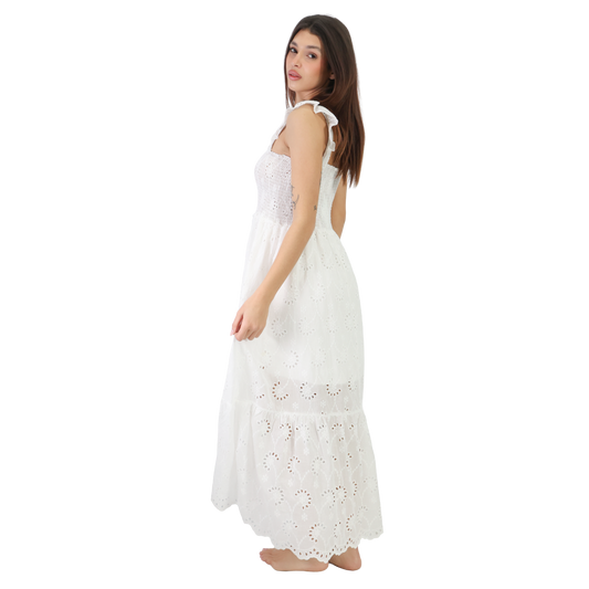 Vestito lungo donna in Pizzo Sangallo con corpetto elasticizzato e spalline con ruches - VEST210