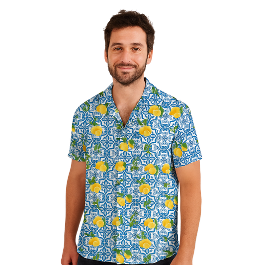 Camicia Uomo Estiva Maniche Corte con Stampa Originale – Look Casual Elegante – Vestibilità Regolare – Perfetta per Vacanze, Mare, Tempo Libero - VEST 168 - LEMON BLUE