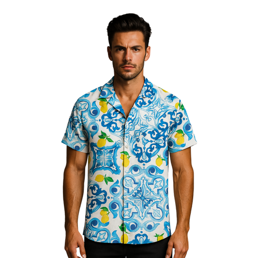 Camicia Uomo Estiva Maniche Corte con Stampa Originale – Look Casual Elegante – Vestibilità Regolare – Perfetta per Vacanze, Mare, Tempo Libero - VEST 168 - MAIOLICA