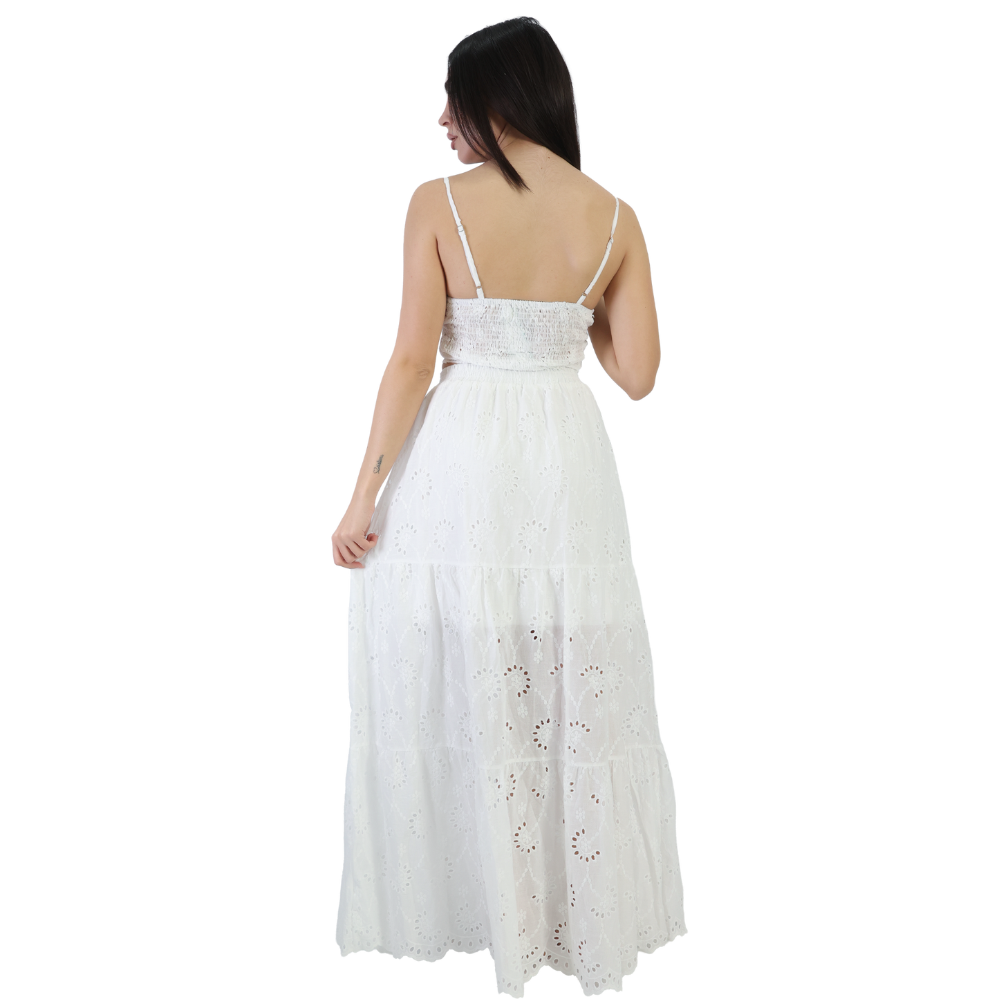 Outfit donna in Pizzo Sangallo top con nodo e gonna con balze - Gonna VEST 199 + Top VEST 200