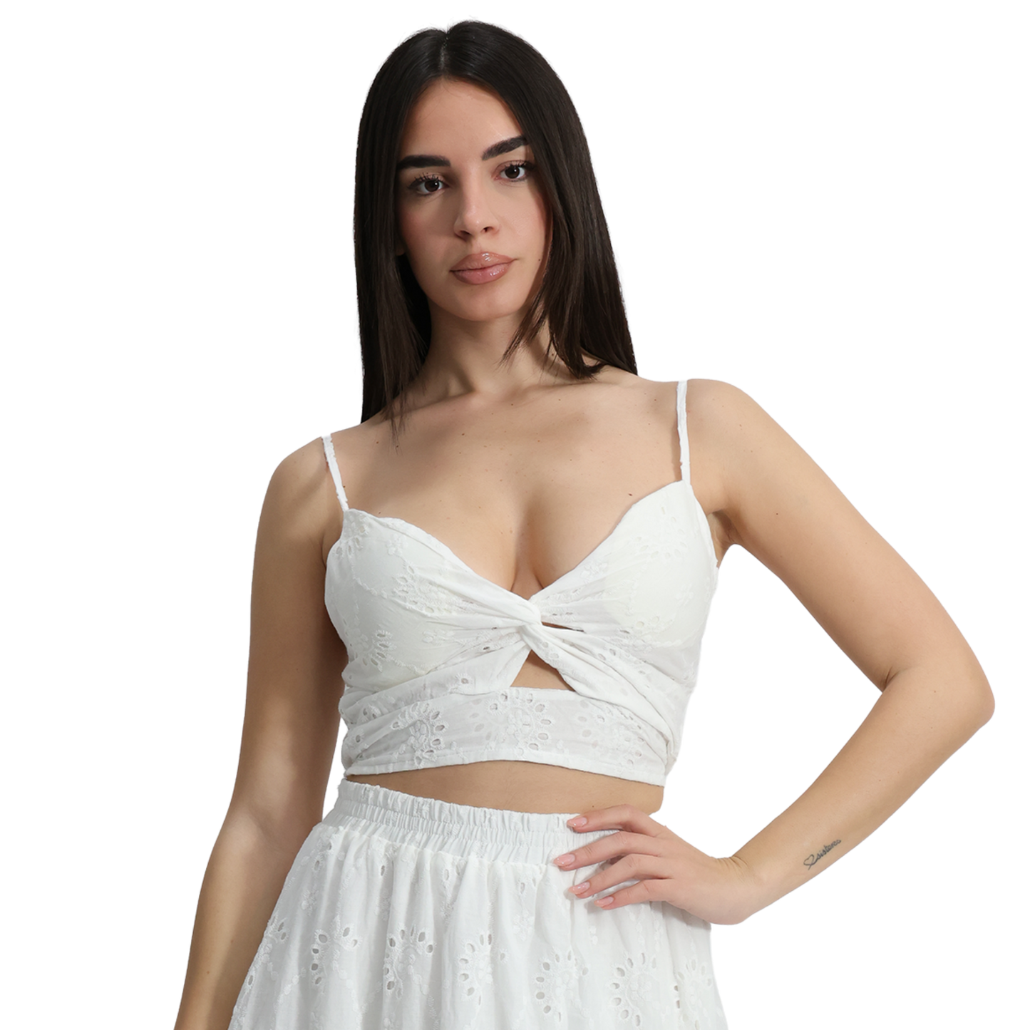 Outfit donna in Pizzo Sangallo top con nodo e gonna con balze - Gonna VEST 199 + Top VEST 200